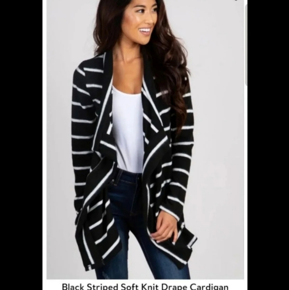Pinkblush Small Black White Striped Sweater Long Sleeve Cardigan